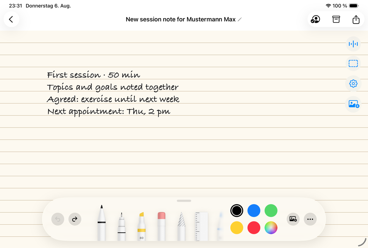 Note de séance manuscrite sur iPad